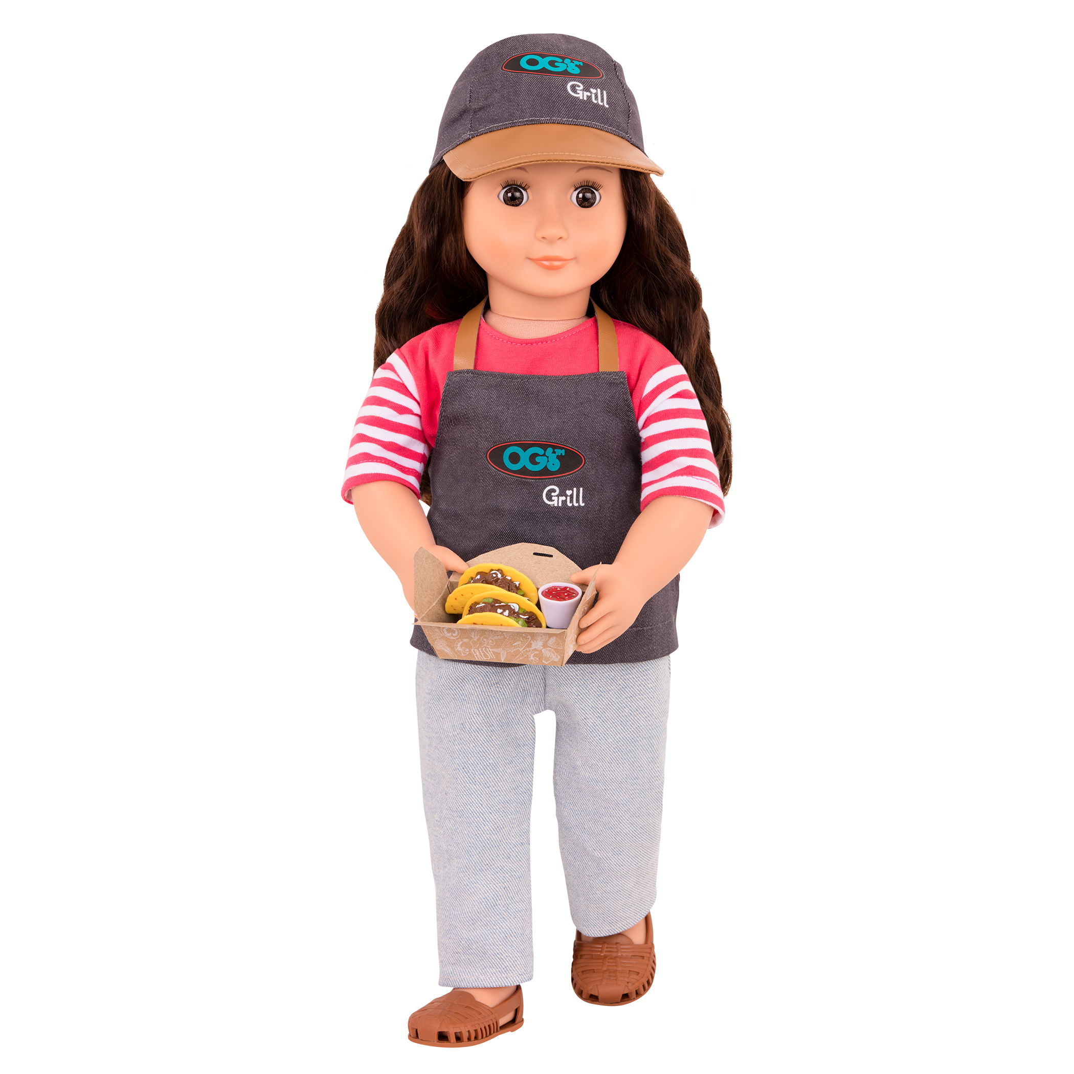 18-inch doll with brown hair, brown eyes, food truck accessories and storybook