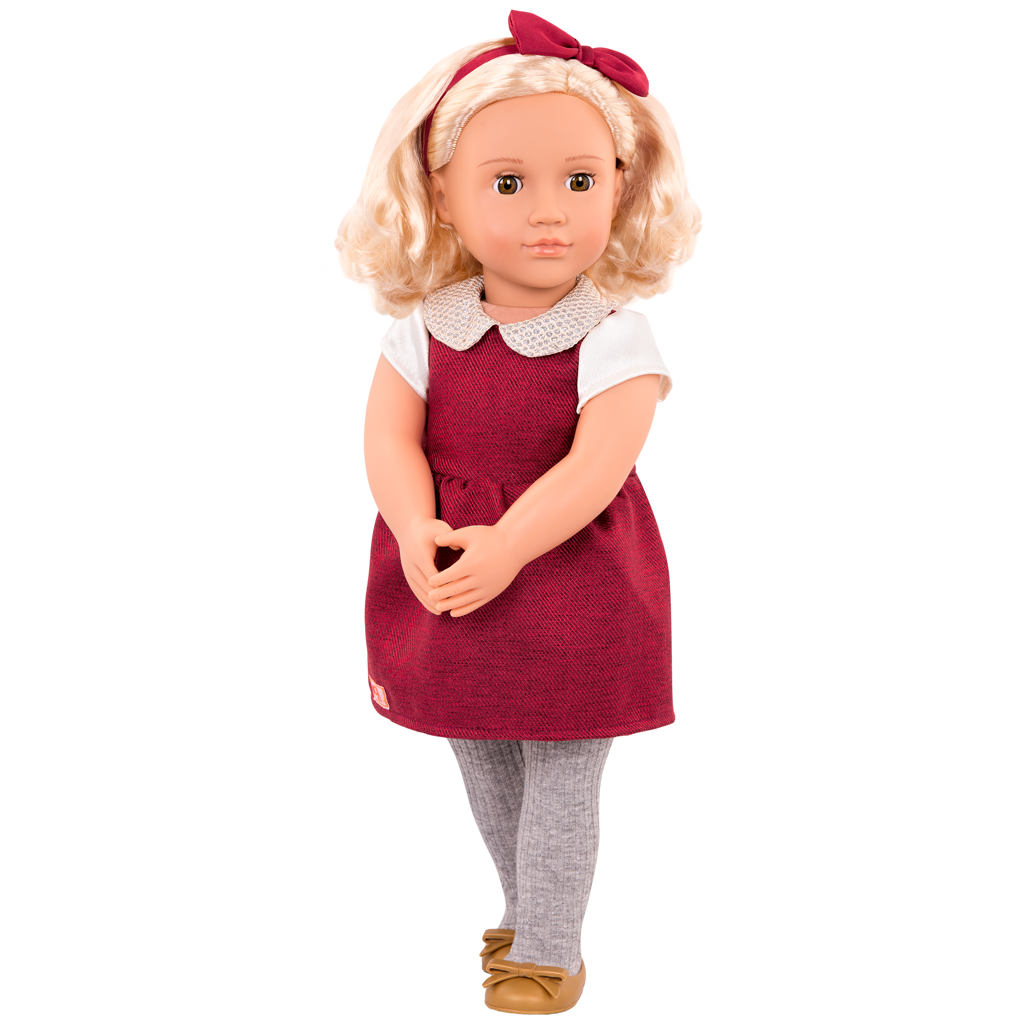 18-inch holiday doll with blonde hair and hazel eyes