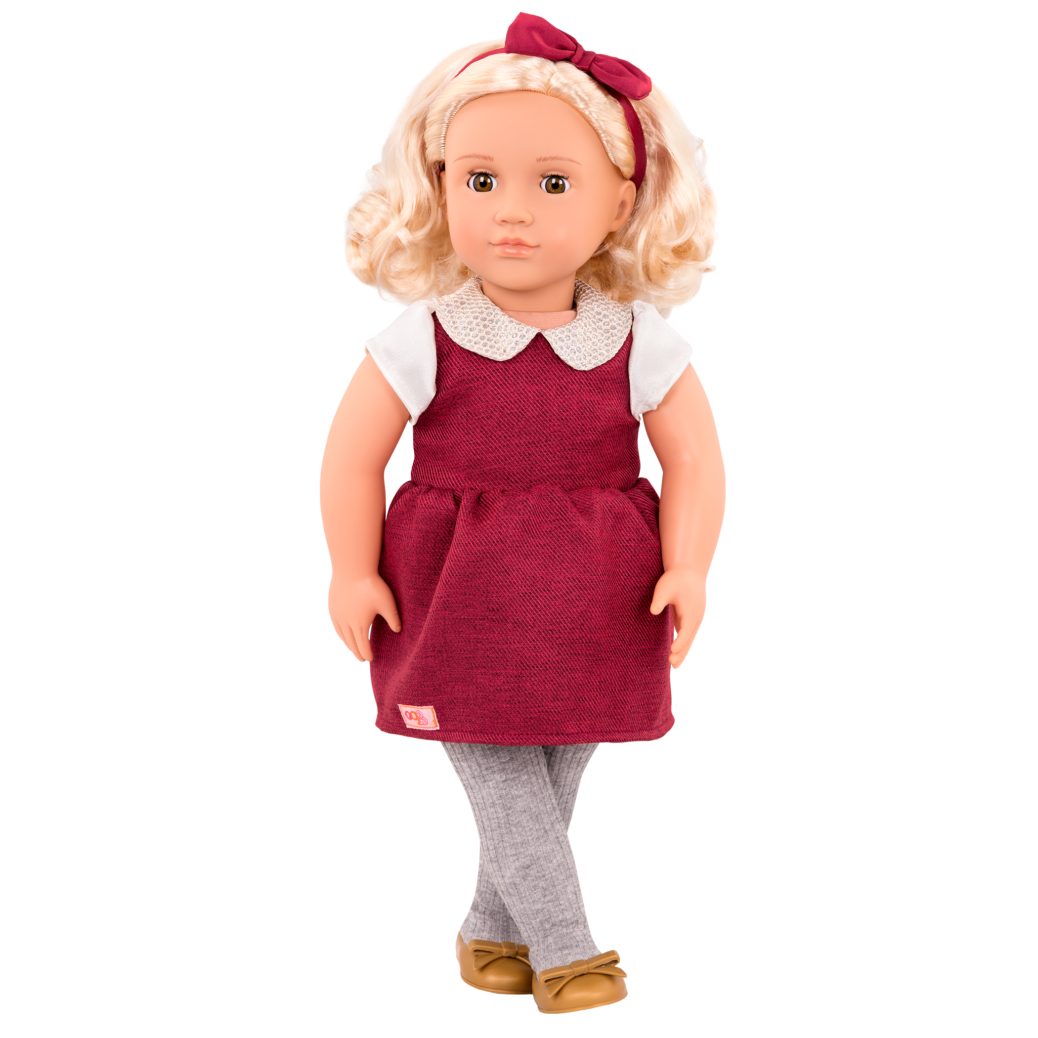 18-inch holiday doll with blonde hair and hazel eyes