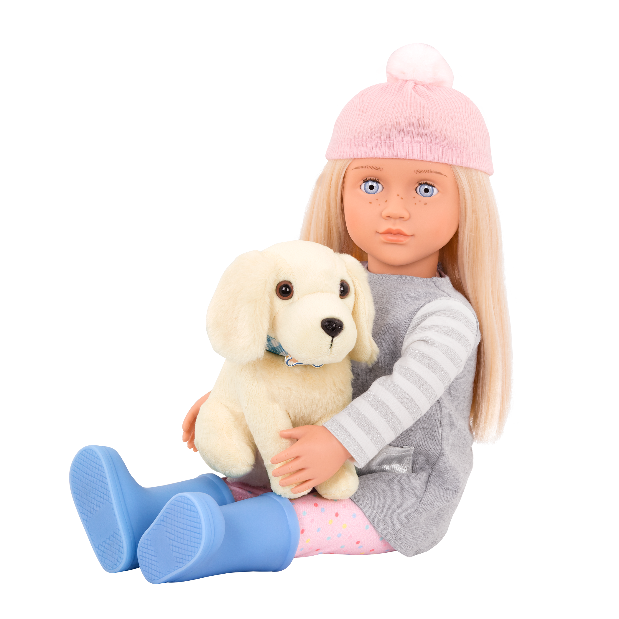 18-inch doll with blonde hair, pale blue eyes and dog accessories walking golden retriever plushie