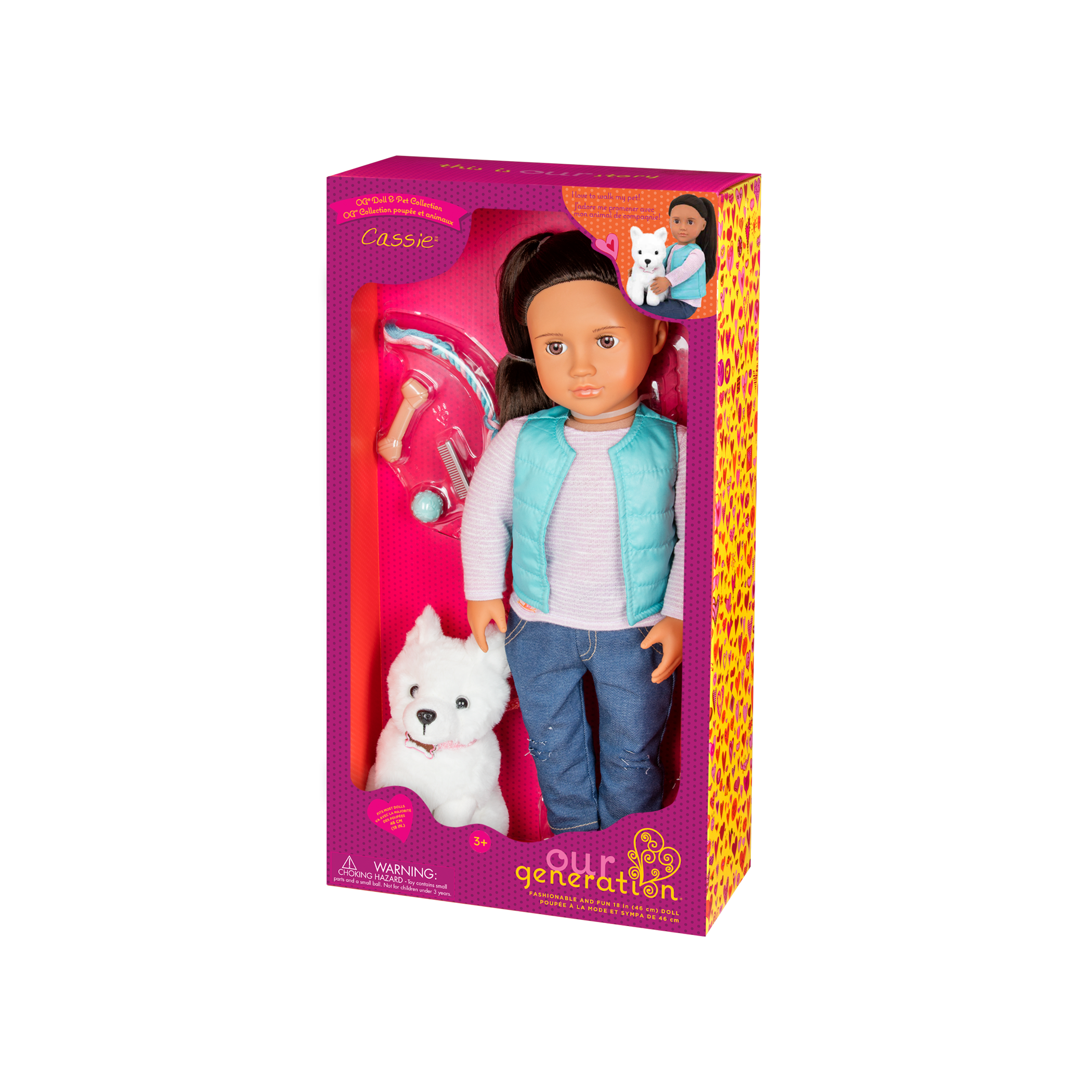 18-inch doll with dark-brown hair, hazel eyes and dog accessories walking Samoyed plushie