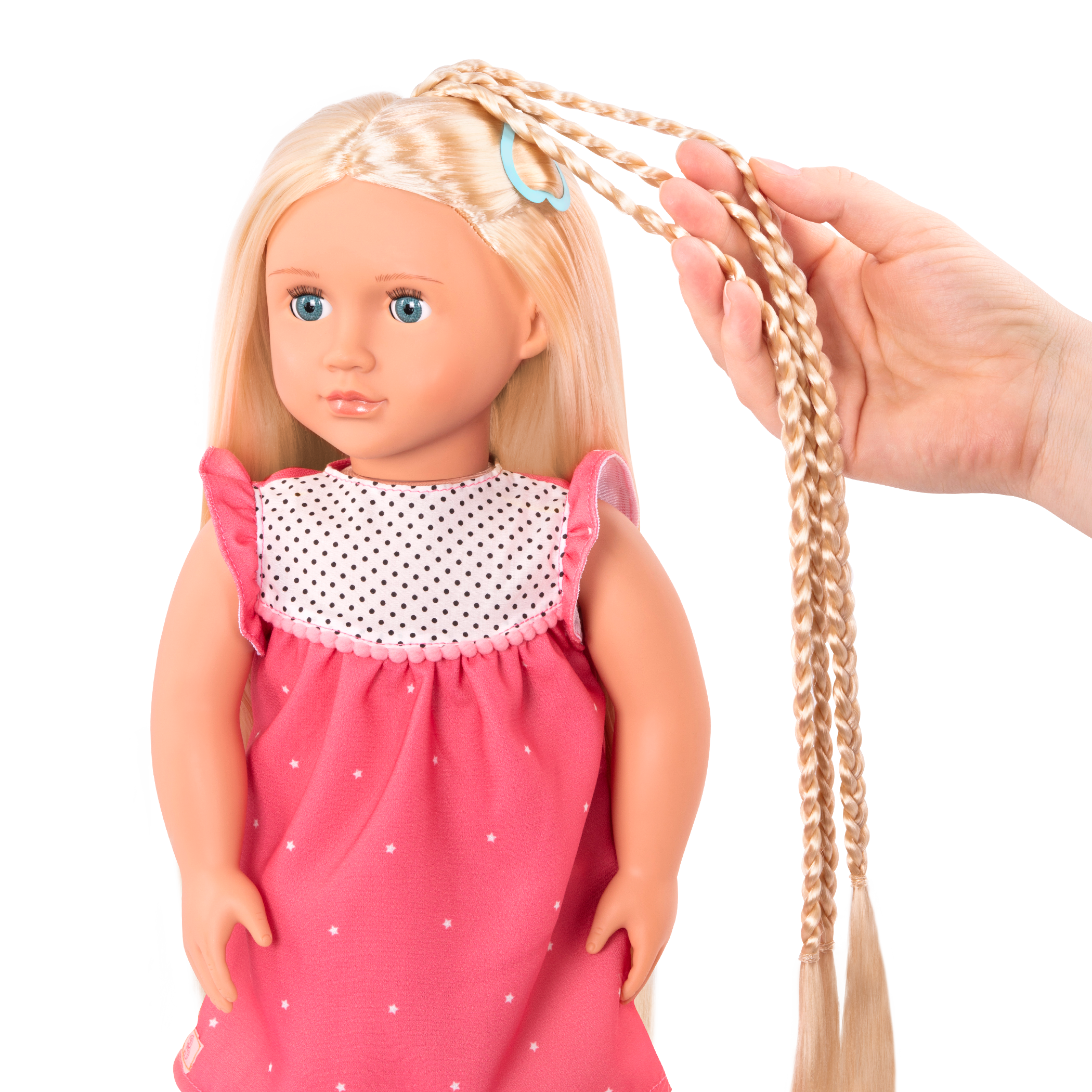 18-inch doll with blonde hair, blue eyes and extensions