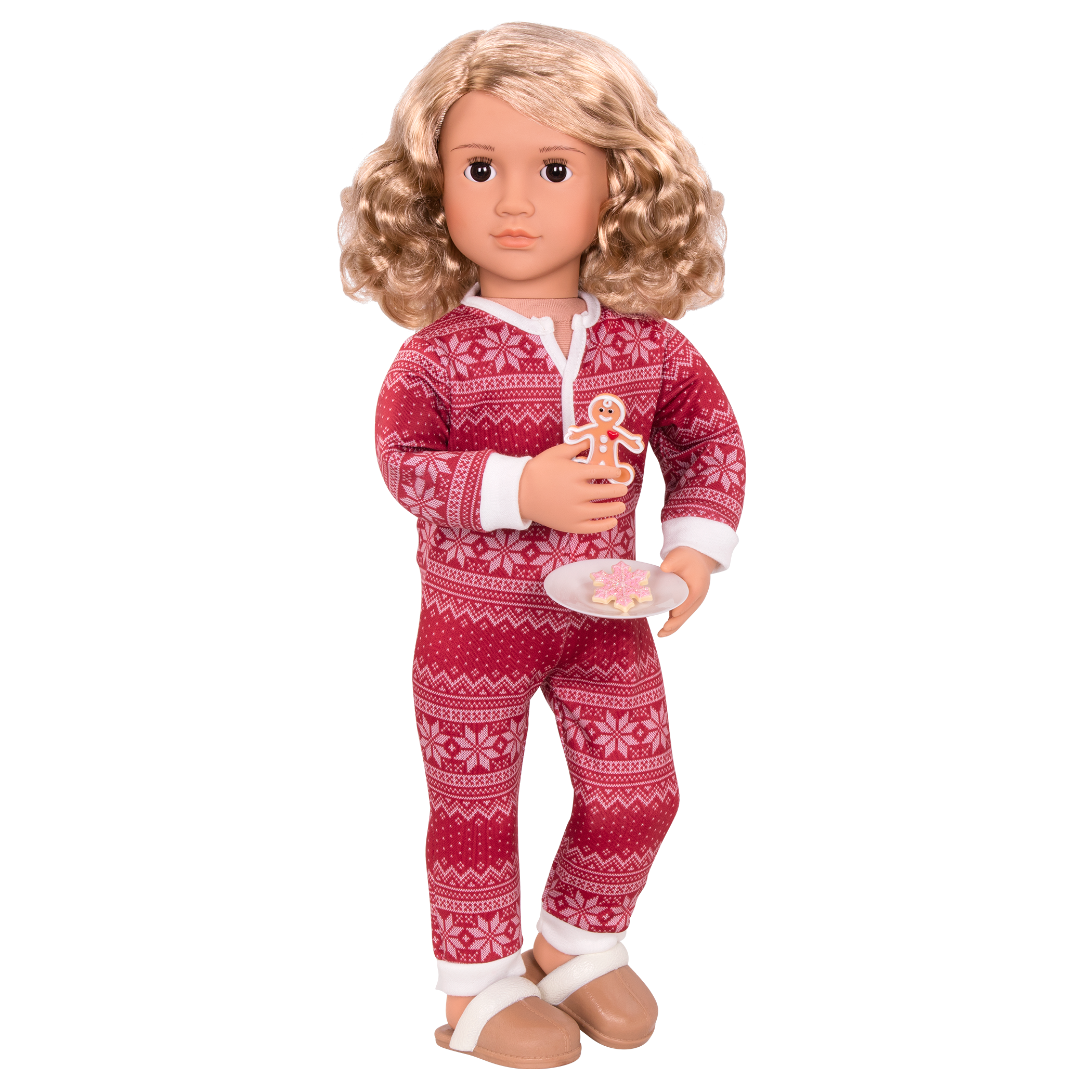 18-inch holiday doll with blonde hair, brown eyes, Christmas accessories and storybook