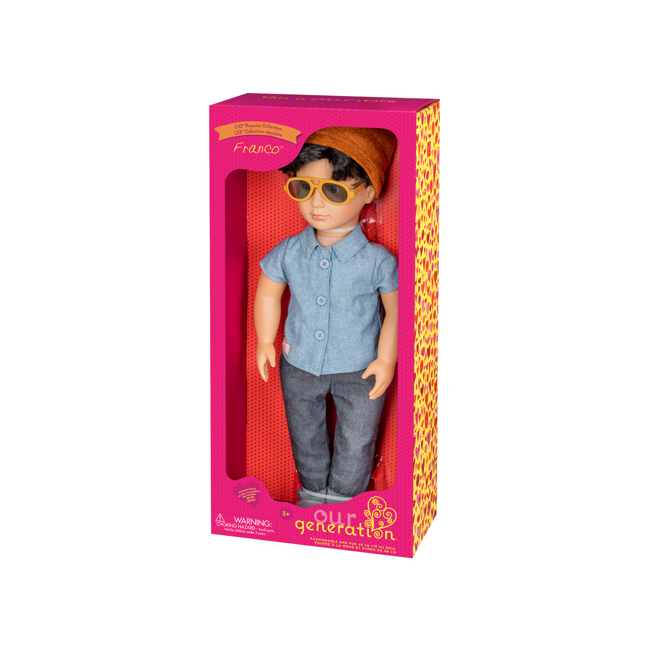 18-inch boy doll with dark-brown hair and brown eyes