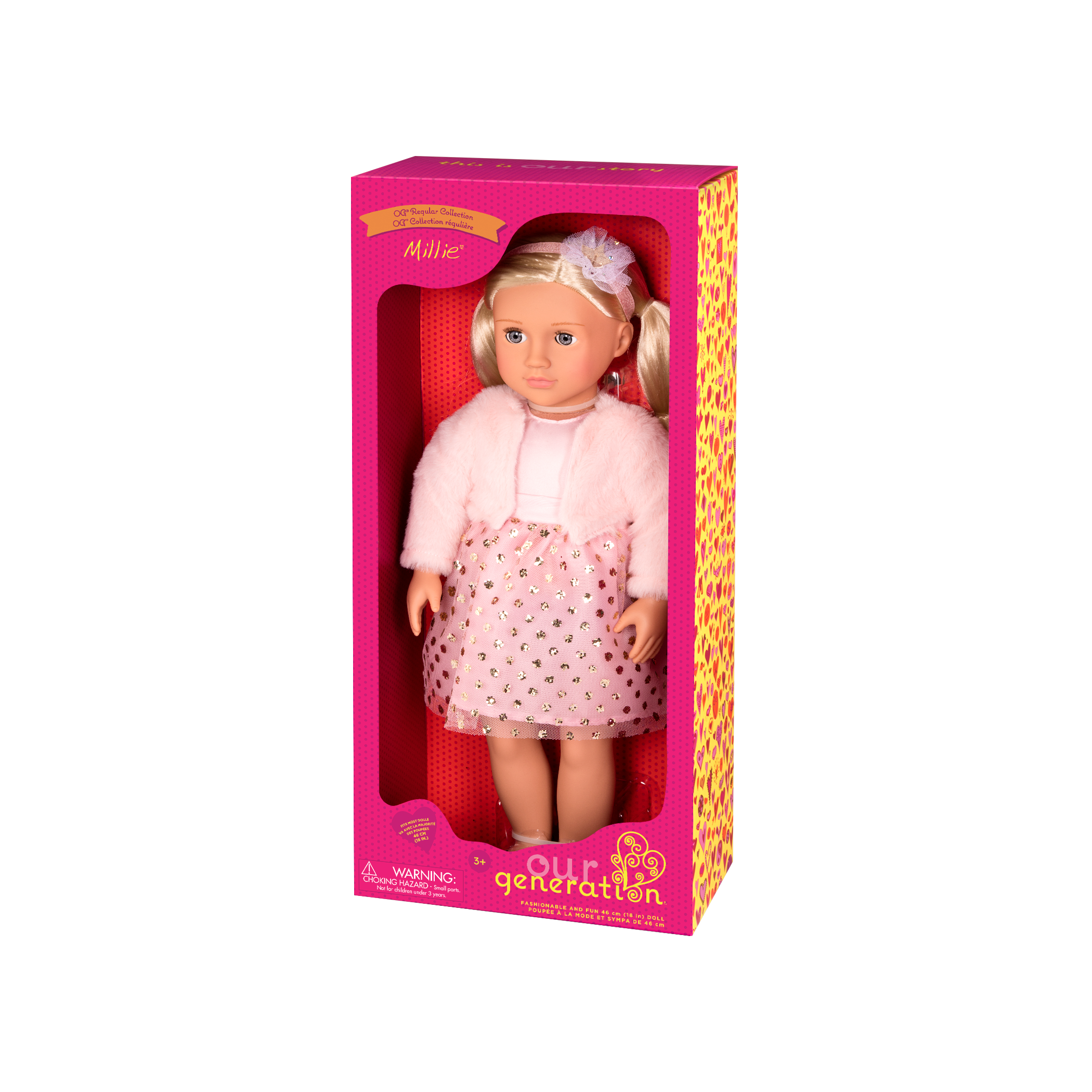 18-inch doll with blonde hair and gray-blue eyes