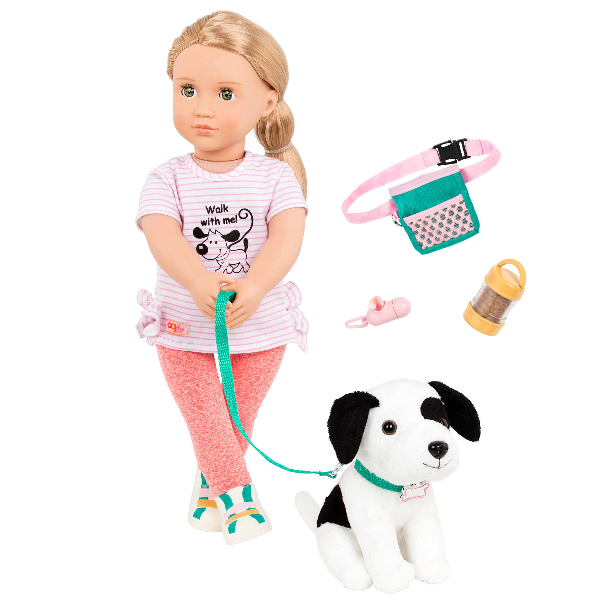 18-inch doll with blonde hair, green eyes and dog accessories walking border collie plushie