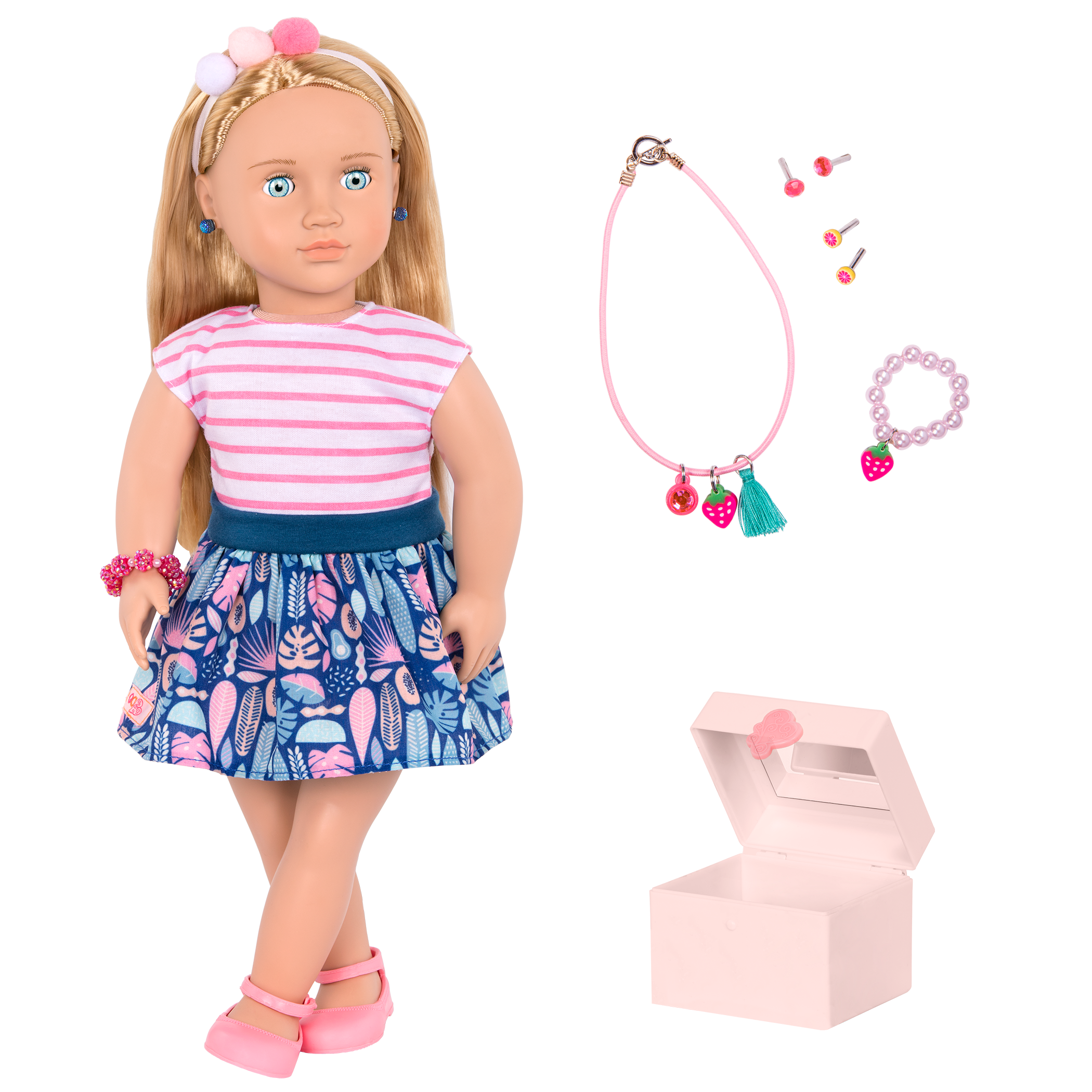 18-inch doll with blonde hair, pale blue eyes, jewelry and box