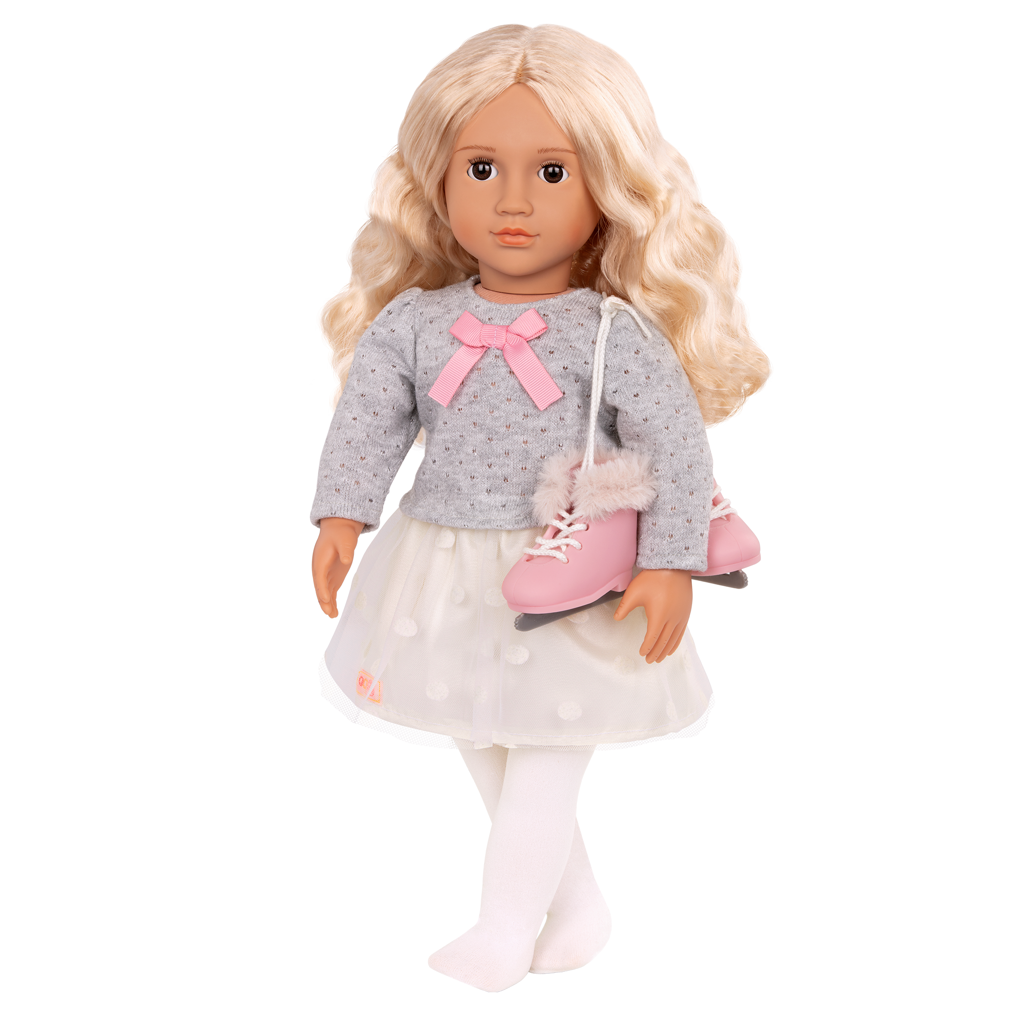 18-inch doll with blonde hair, brown eyes and ice skates