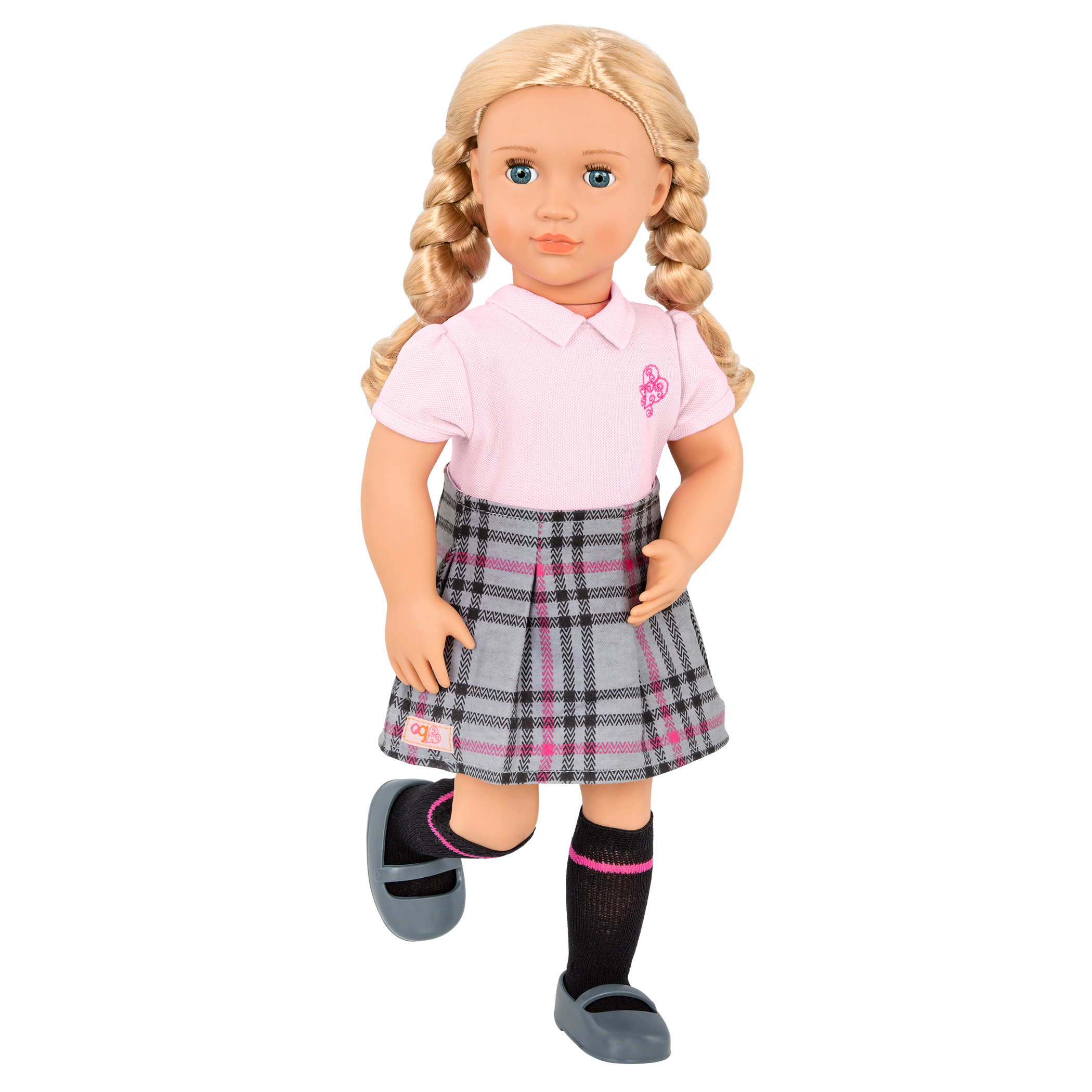 18-inch doll with blonde hair, blue eyes, school accessories and storybook
