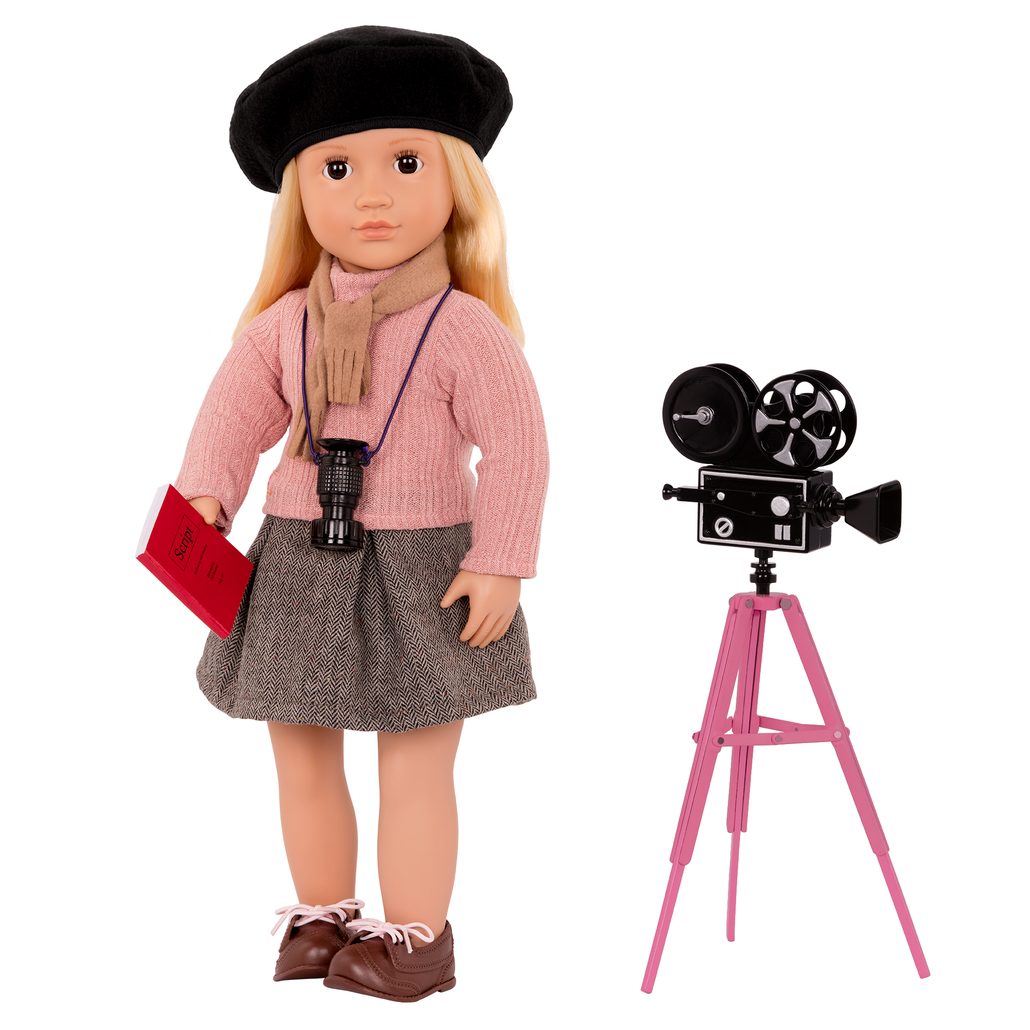 18-inch director doll with blonde hair, brown eyes and movie accessories