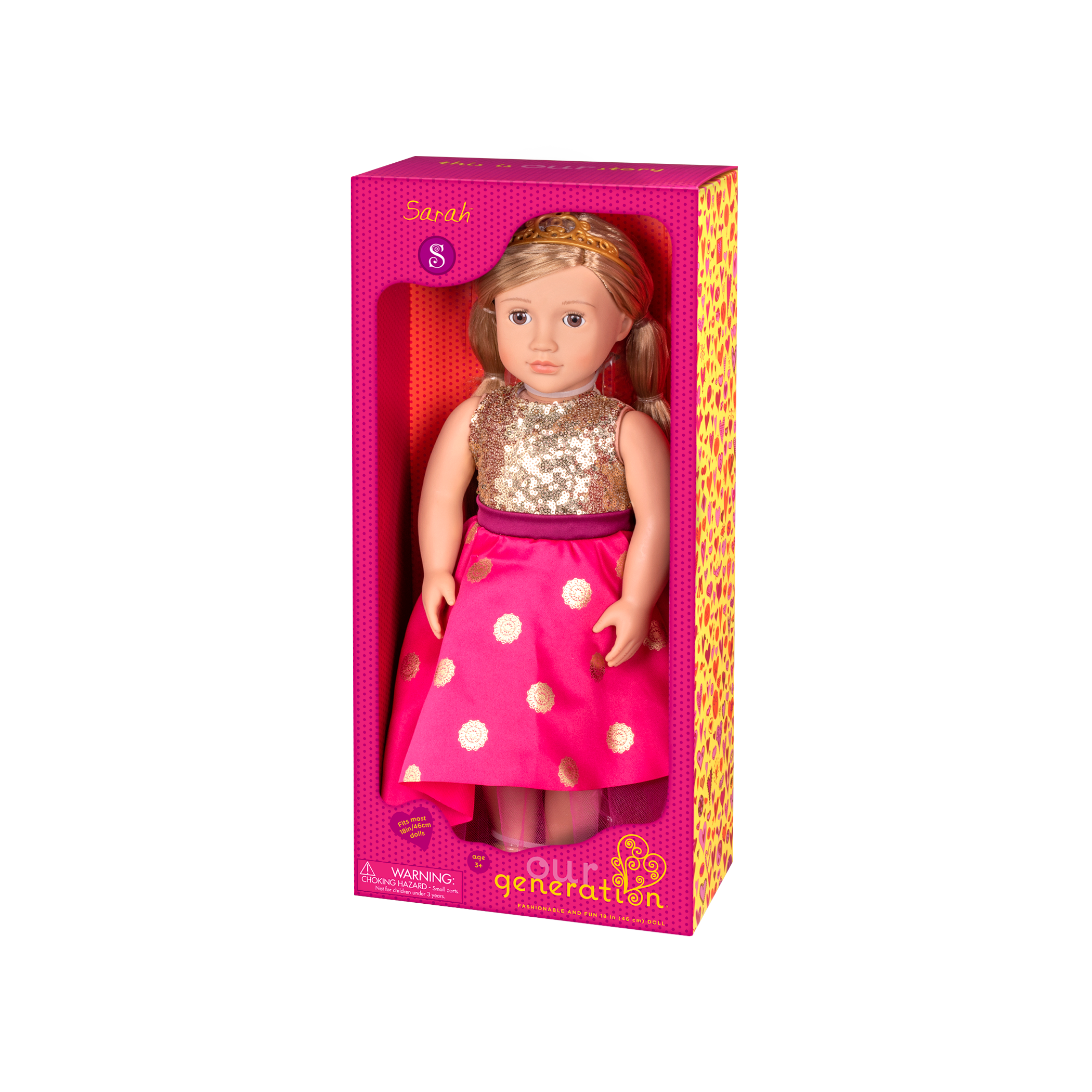 18-inch doll with blonde hair and brown eyes