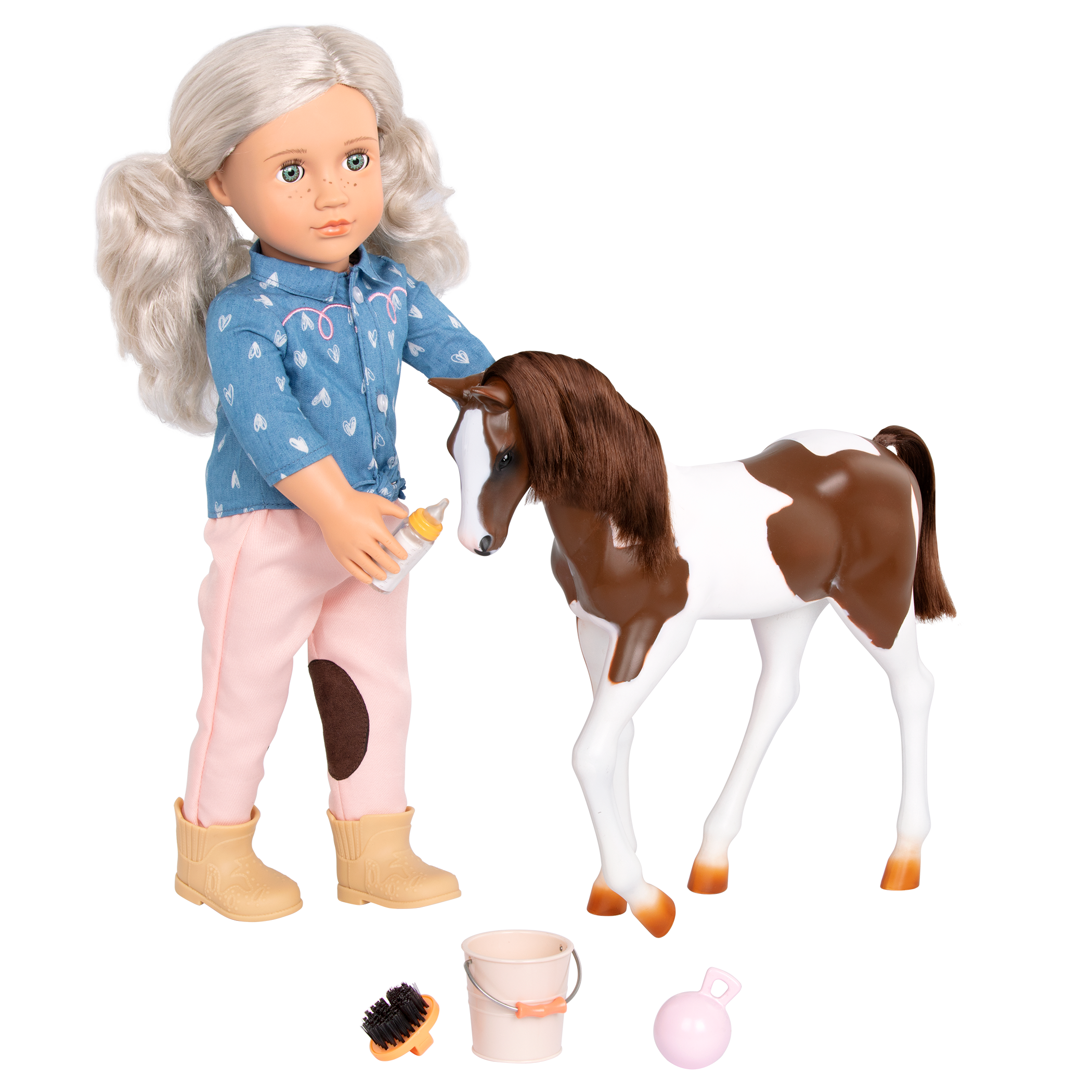 18-inch doll with silver hair, green eyes, horse accessories and toy foal