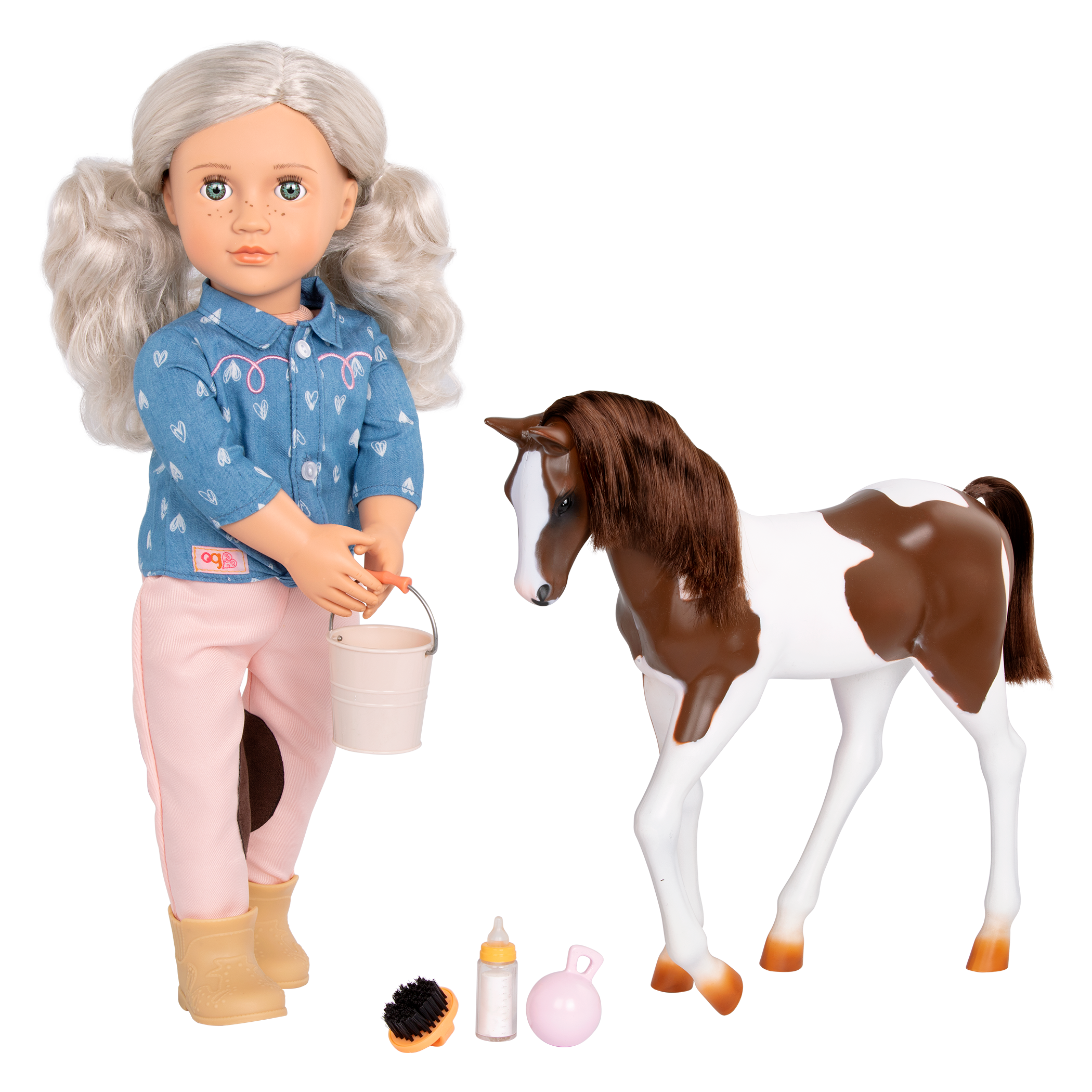 18-inch doll with silver hair, green eyes, horse accessories and toy foal