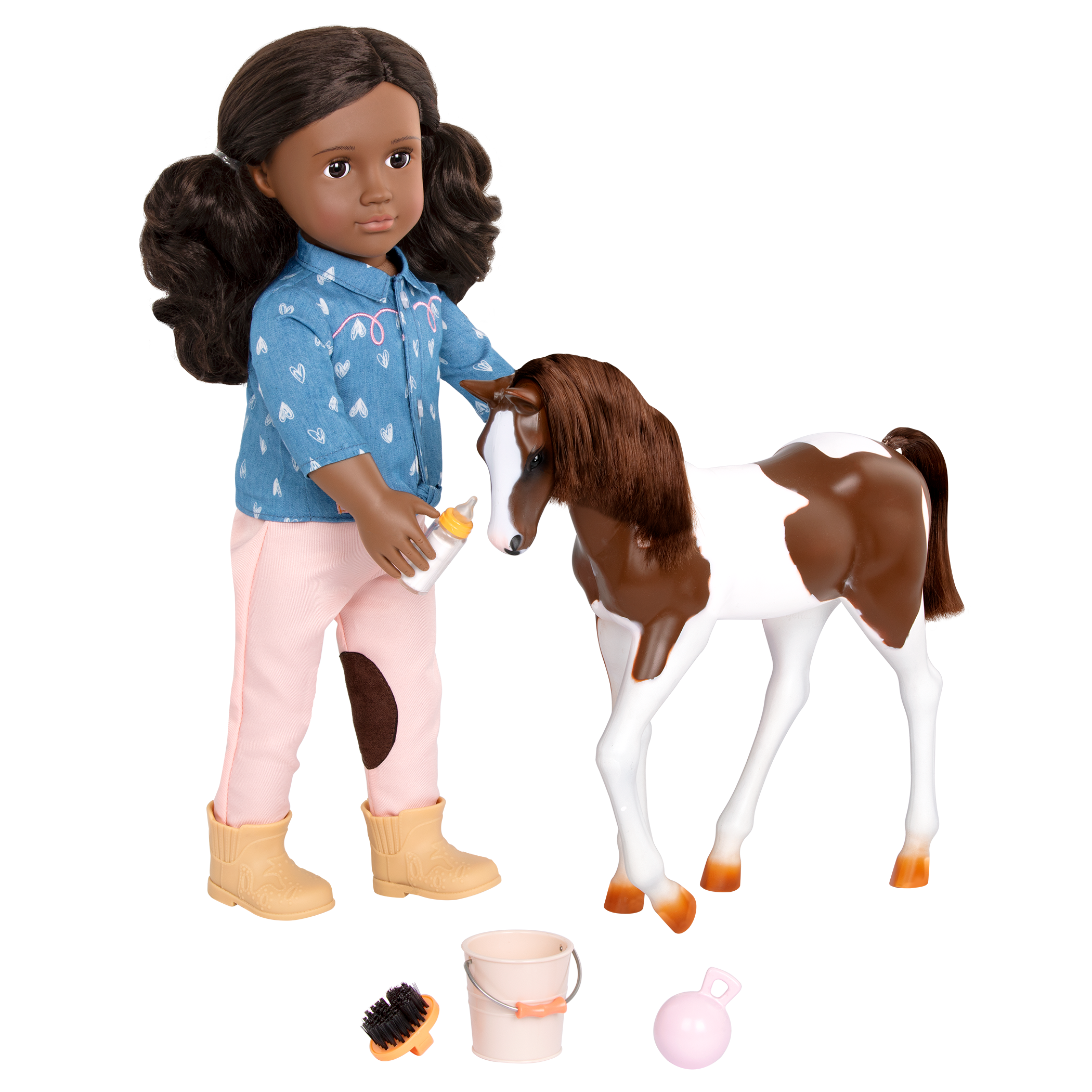 18-inch doll with dark brown hair, brown eyes, horse accessories and toy foal