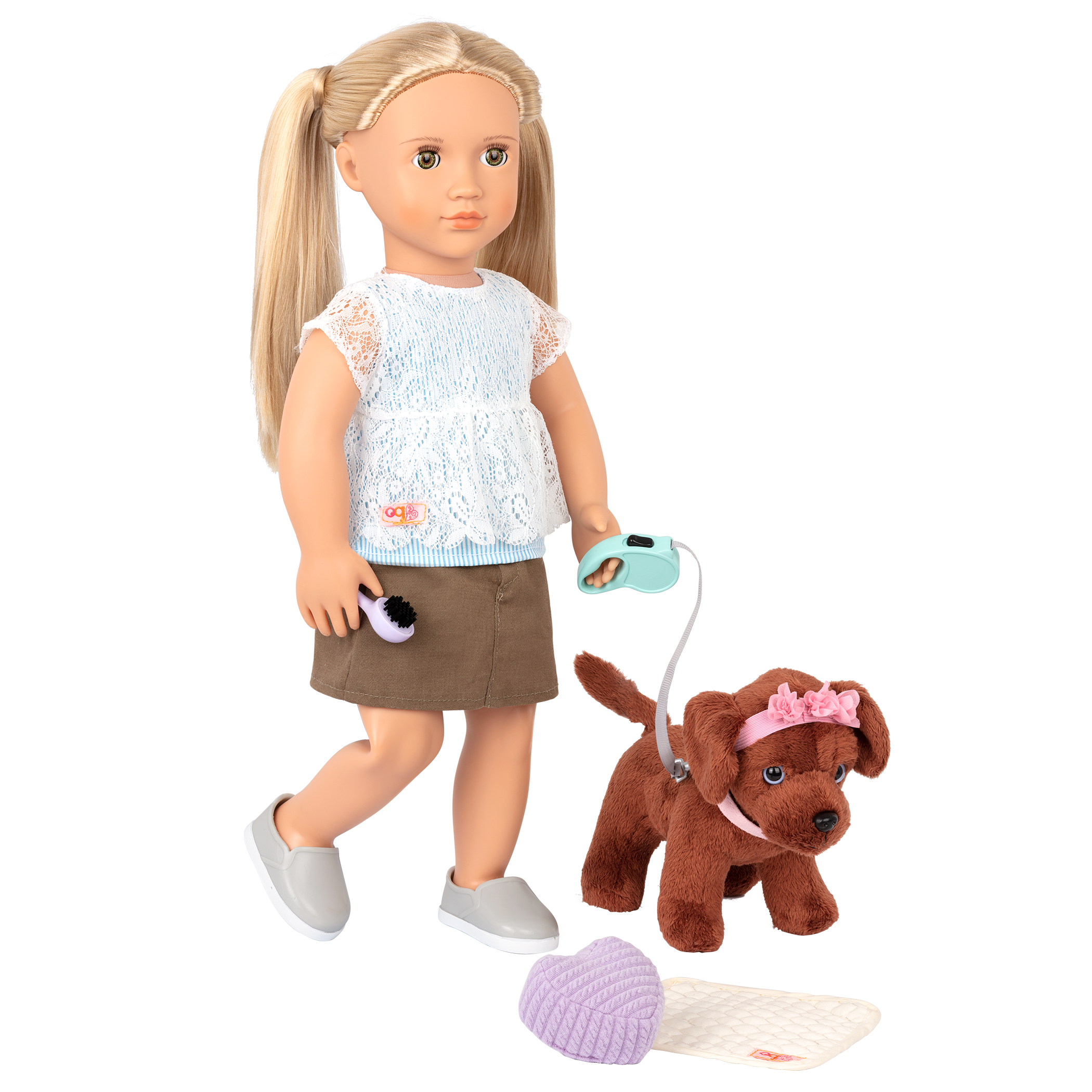 18-inch doll and dog plushie using pet care playset