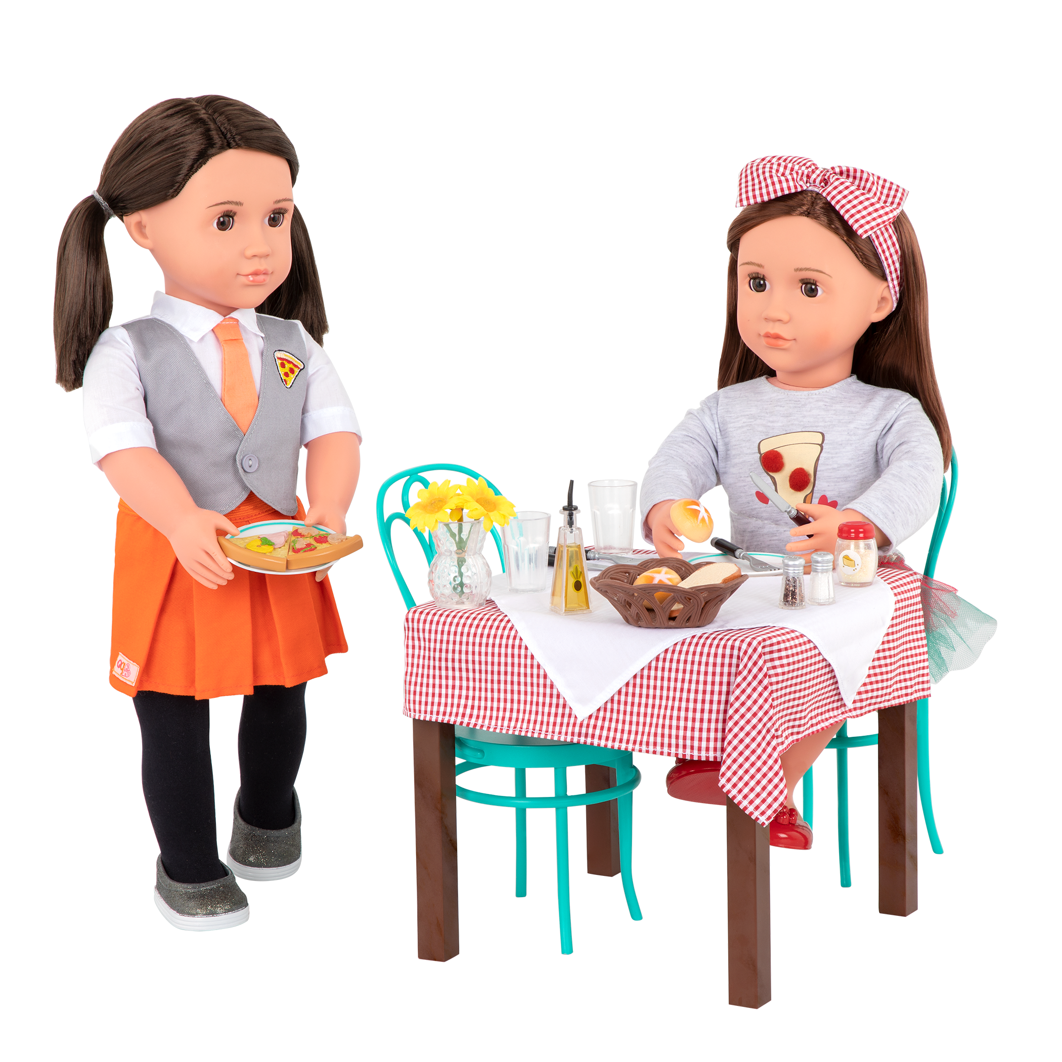 Two 18-inch dolls using pizzeria dining playset