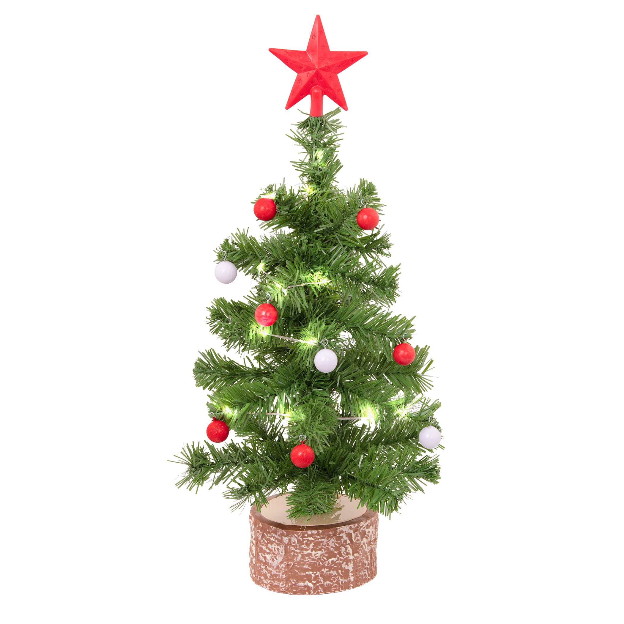 Toy Christmas tree with lights, ornaments and star