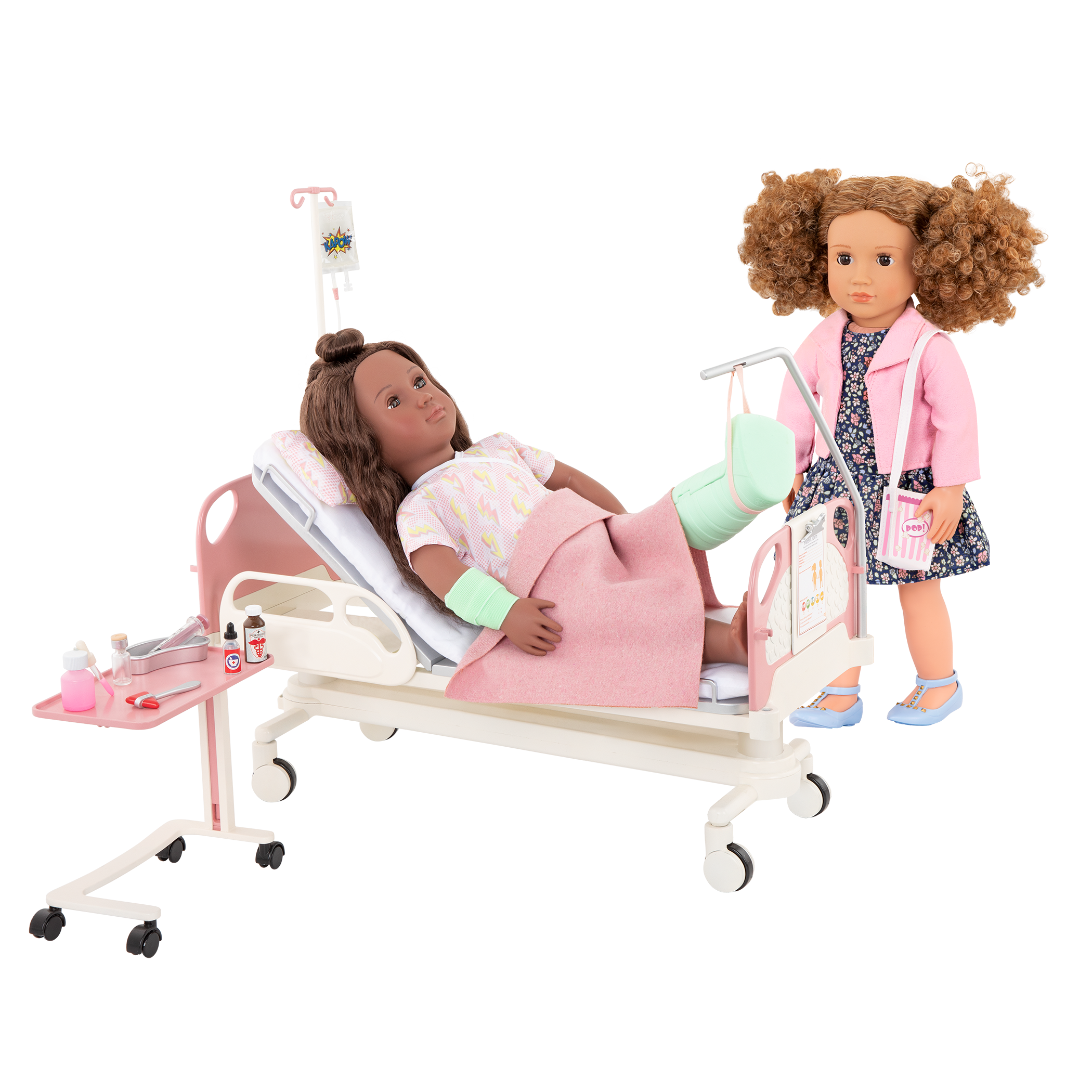 Two 18-inch dolls with hospital gurney playset