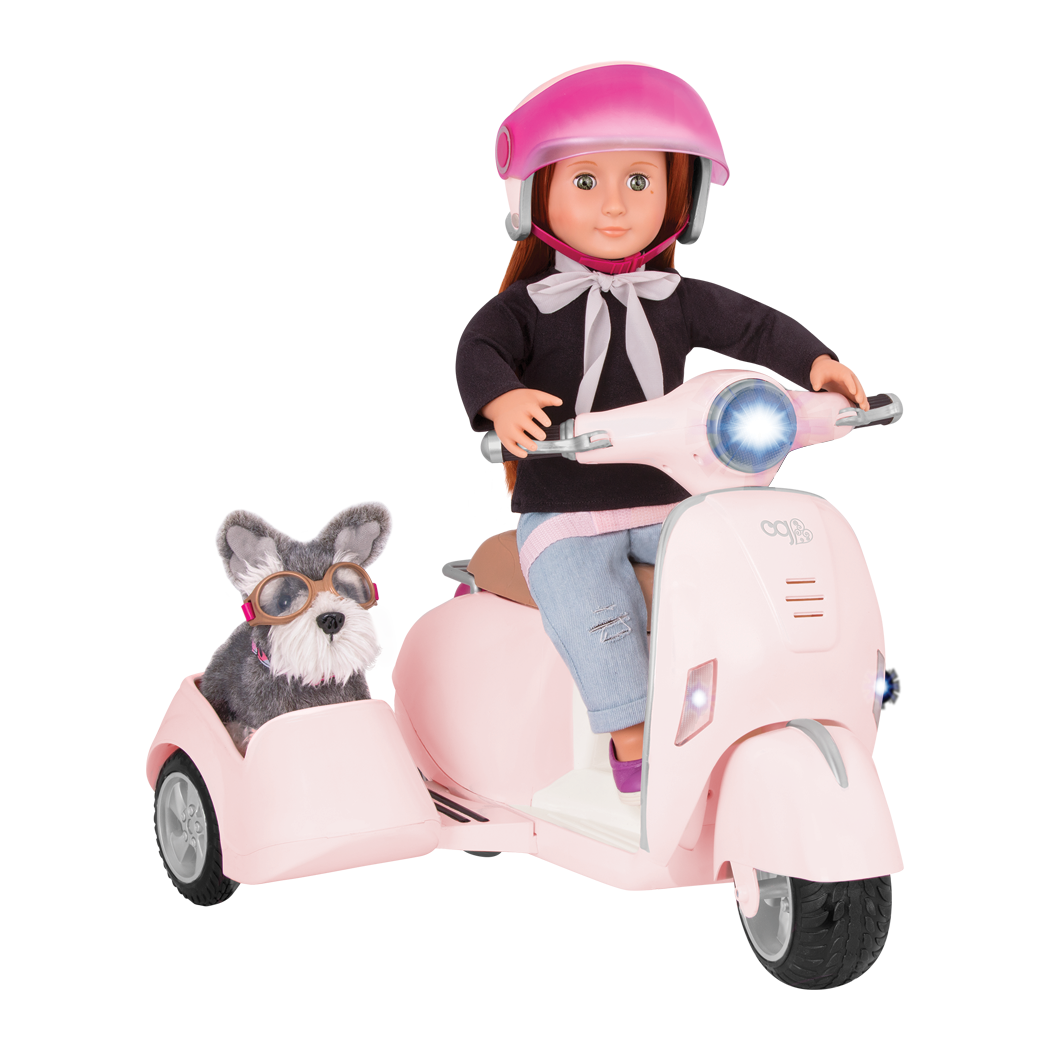 Sabina and Pup riding in Ride Along Scooter with Sidecar