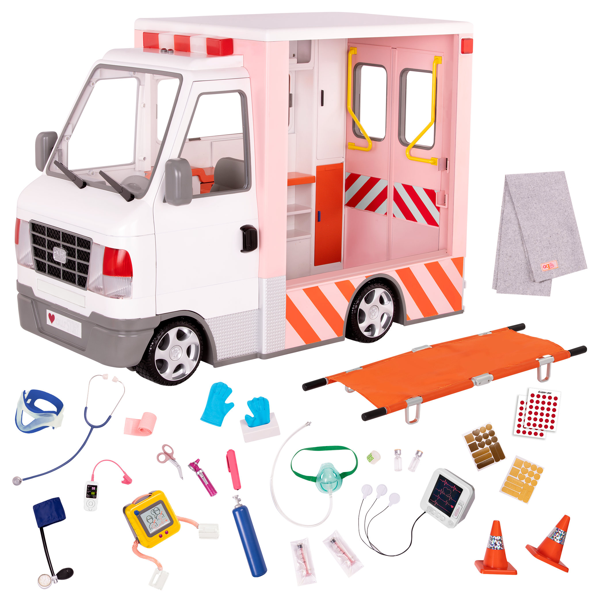 18-inch doll with toy ambulance