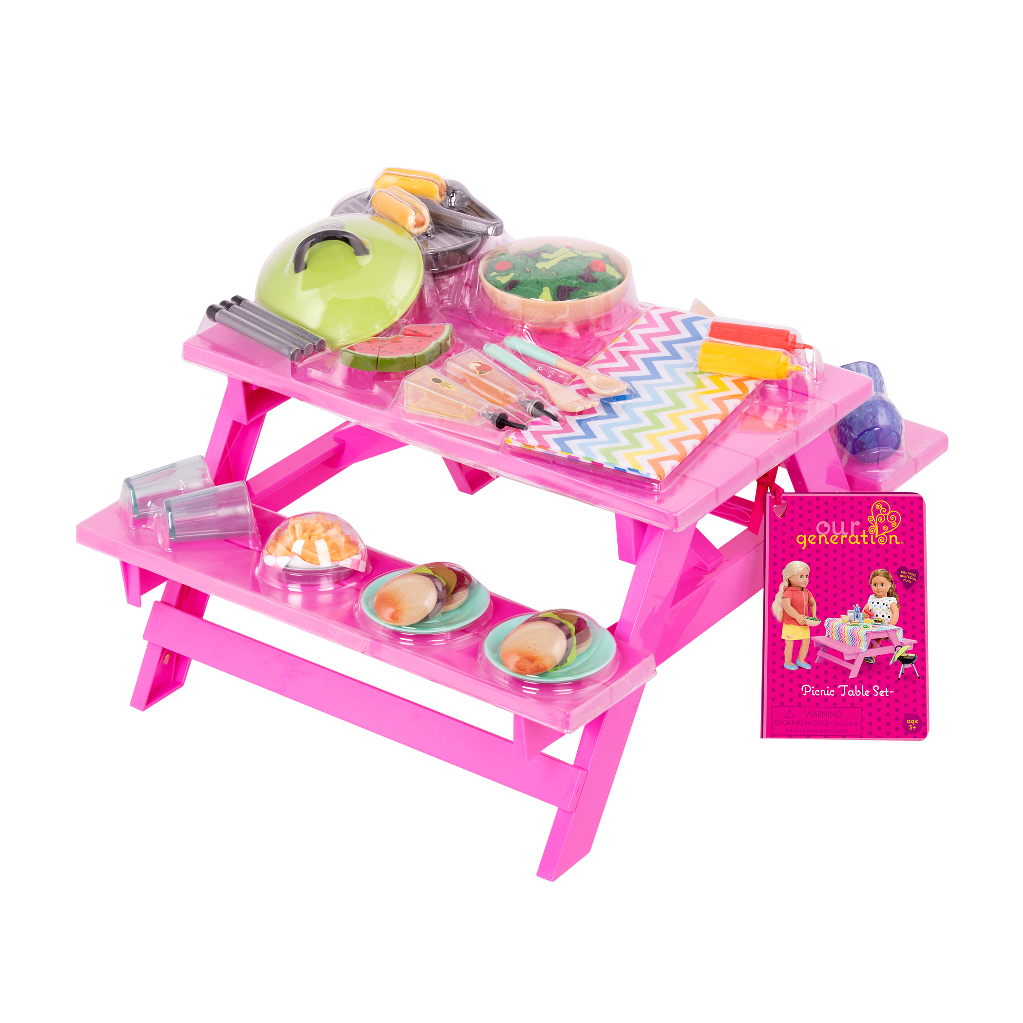 Two 18-inch dolls with picnic table playset